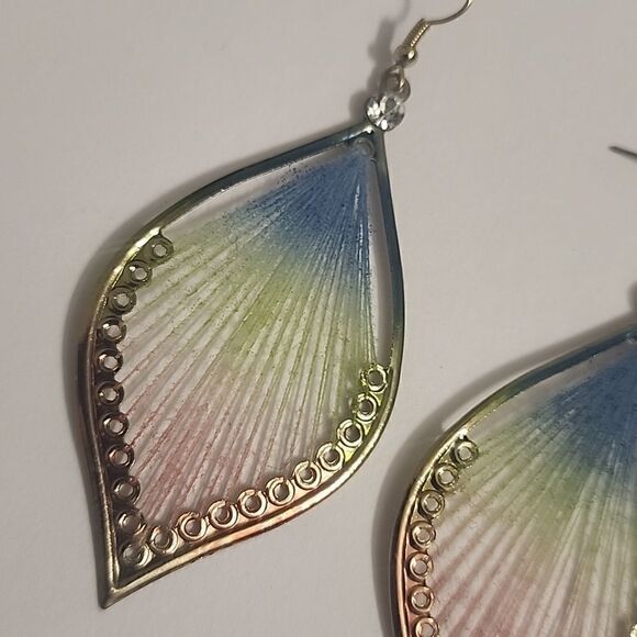 Teardrop Fiber Thread Dangle Drop Earrings Guitar String Multicolor Blue Green - Picture 2 of 2